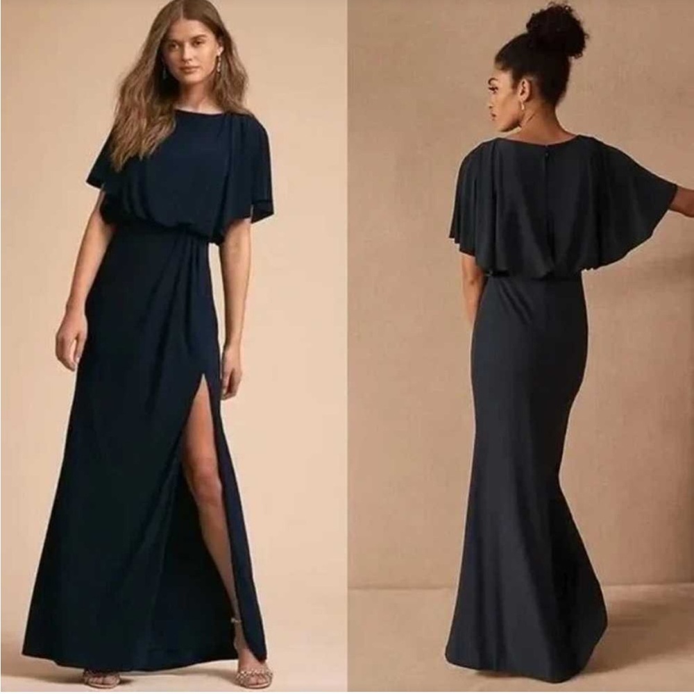 BHLDN Lena Navy Flutter Sleeve Jersey Slit Front Maxi Dress Gown Size 6